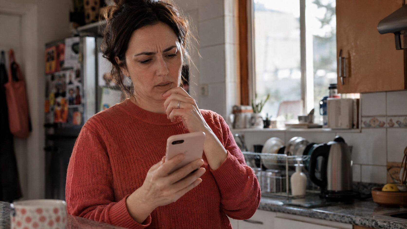 Mujer en su cocina mira con duda un mensaje de WhatsApp en su celular