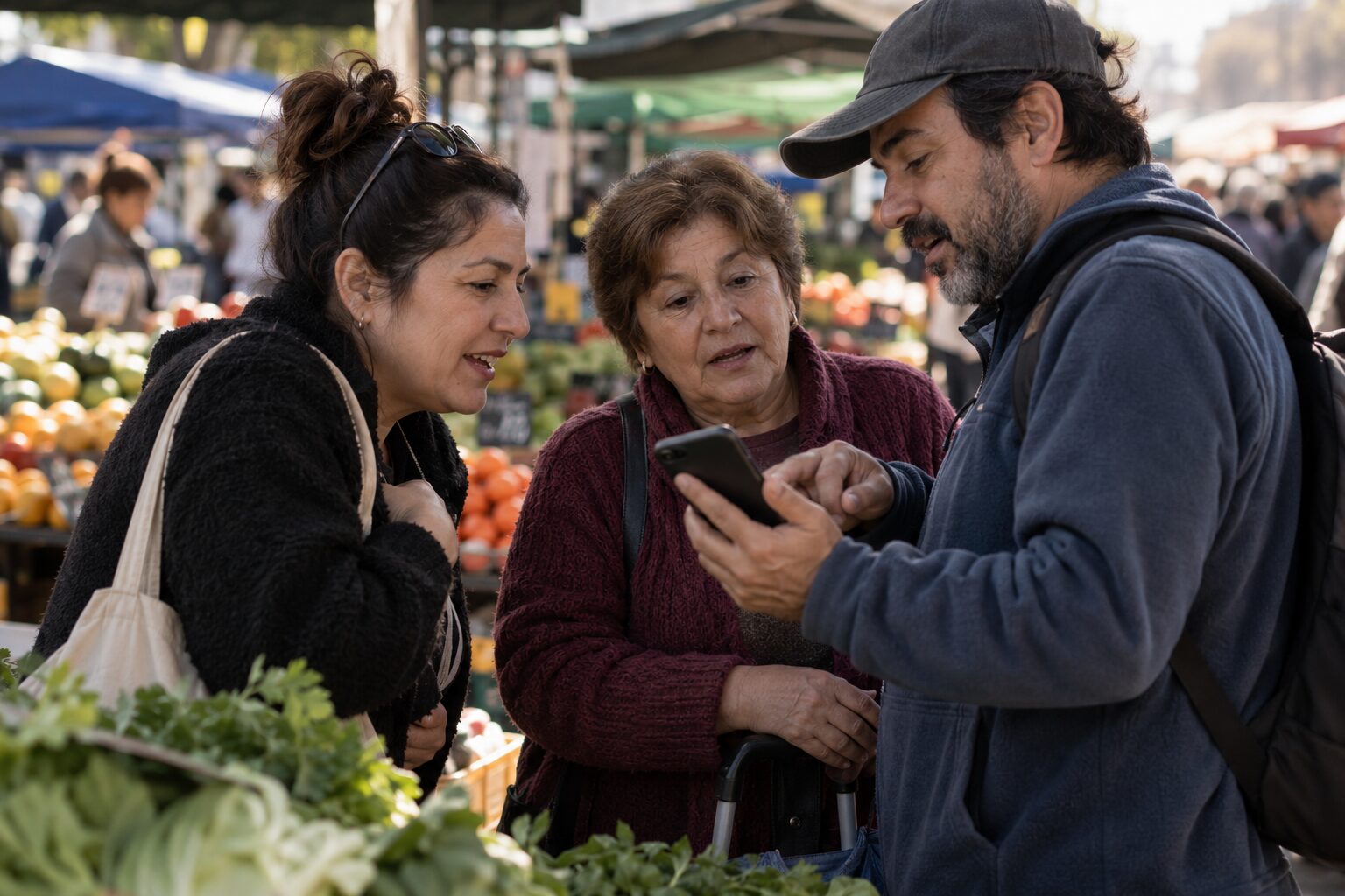 Vecinos conversan en una feria libre mientras miran un celular