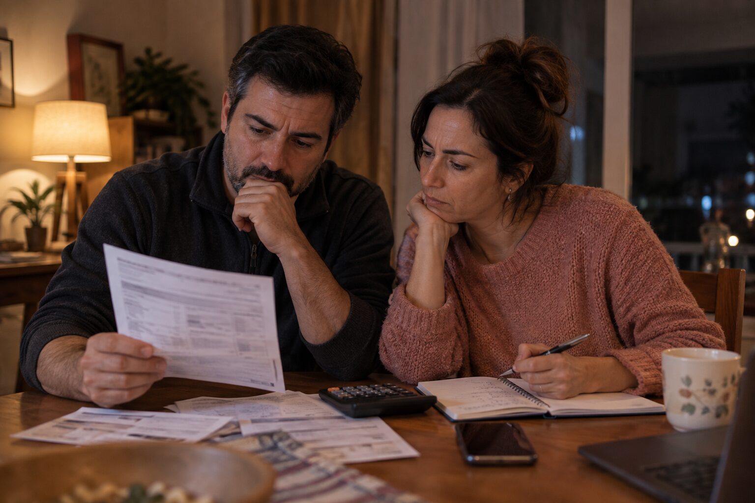 Pareja revisa de noche la cuenta de la luz en la mesa del comedor